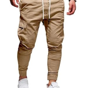 Men’s Casual Pants – Cotton Chino Cargo Pants for Hiking and Outdoor Recreation, Drawstring Sweatpants in Twill Track Jogging(Light Khaki,34)